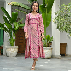 Pink Printed Front Slit Dress