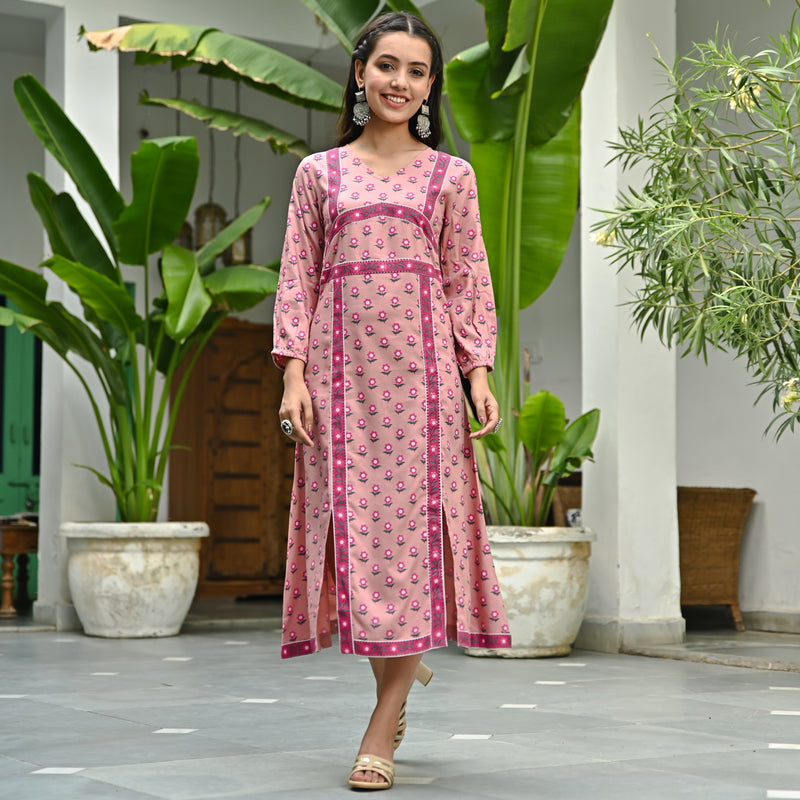 Pink Printed Front Slit Dress
