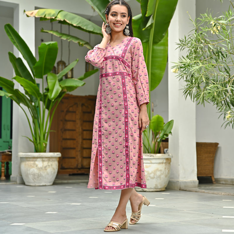 Pink Printed Front Slit Dress