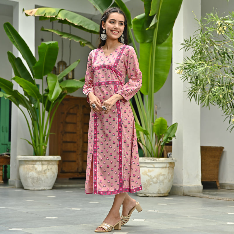 Pink Printed Front Slit Dress
