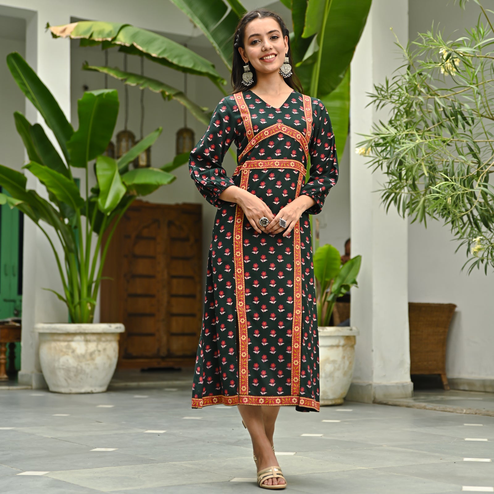 Buy Emerald Green Printed Front Slit Dress | Rustorange