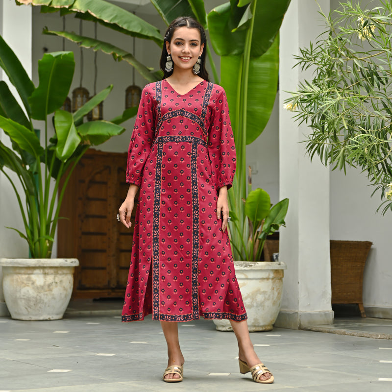 Maroon Printed Front Slit Dress