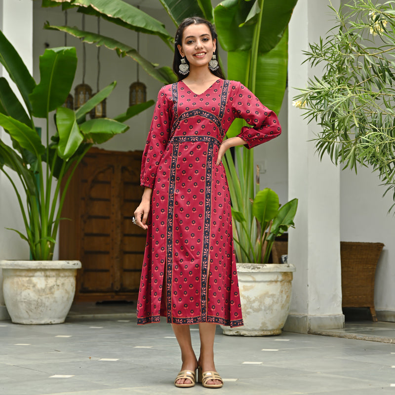 Maroon Printed Front Slit Dress