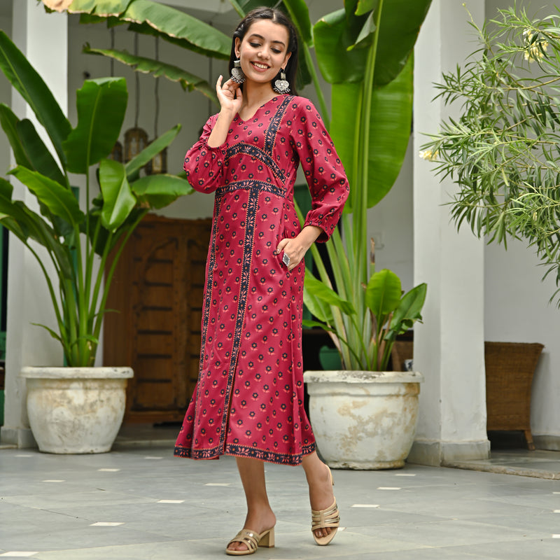 Maroon Printed Front Slit Dress