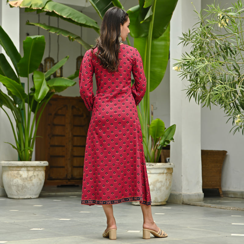 Maroon Printed Front Slit Dress