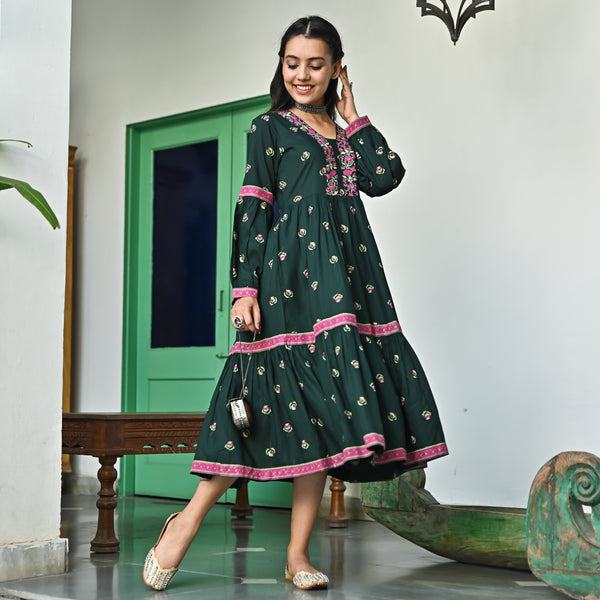 Emerald Green Floral Tiered Dress
