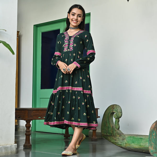 Emerald Green Floral Tiered Dress
