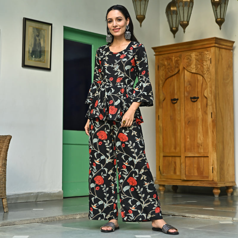 Black Peplum Styled Jumpsuit with Flutter Sleeves
