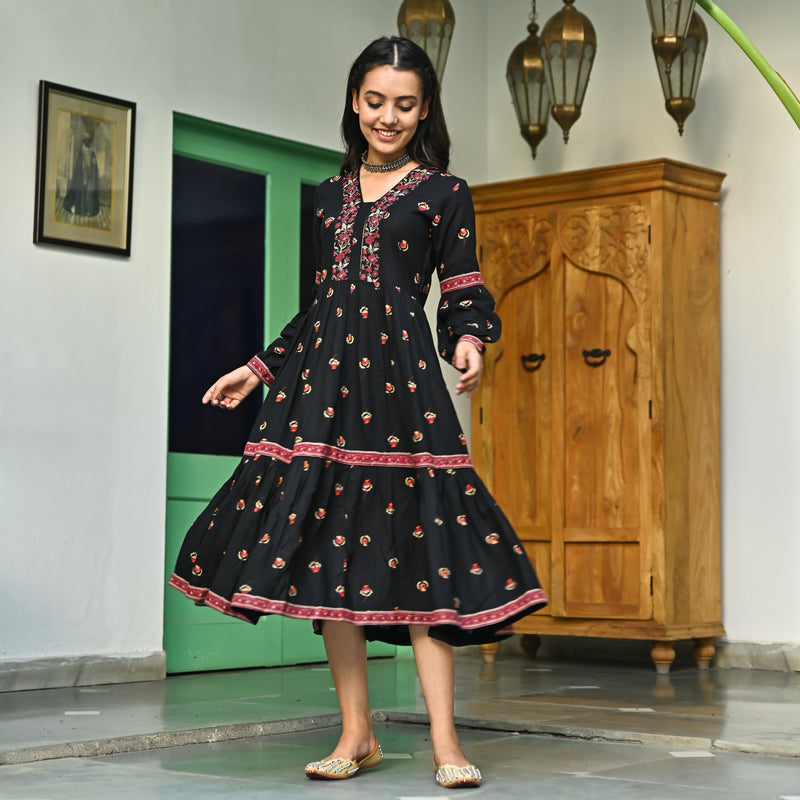 Black Floral Tiered Dress