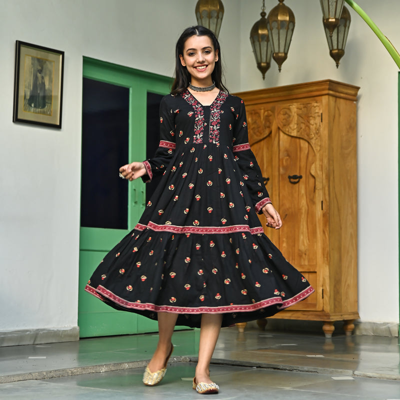 Black Floral Tiered Dress