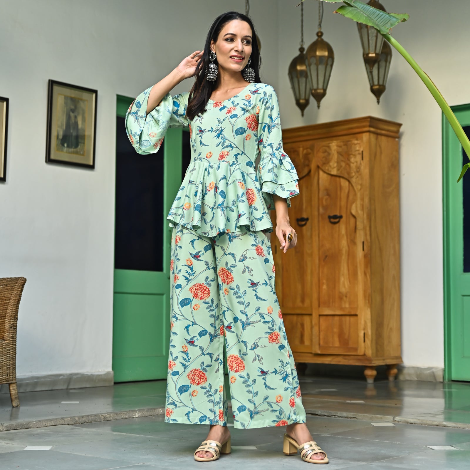 Buy Mint Green Peplum Styled Jumpsuit with Flutter Sleeves