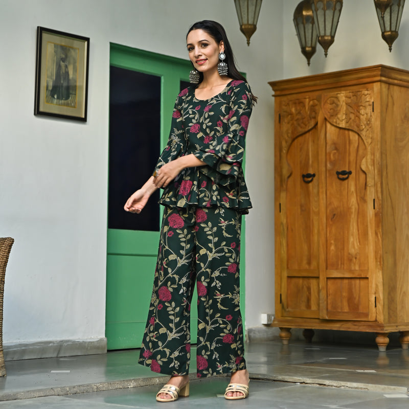 Emerald Green Peplum Styled Jumpsuit with Flutter Sleeves