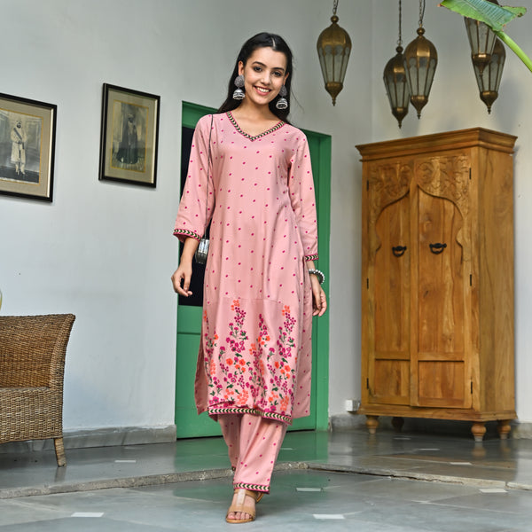 Pink V Neck Polka Kurta Pant Set