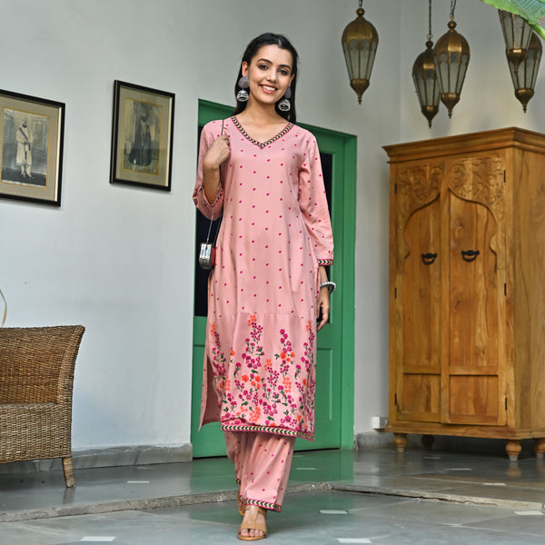 Pink V Neck Polka Kurta Pant Set