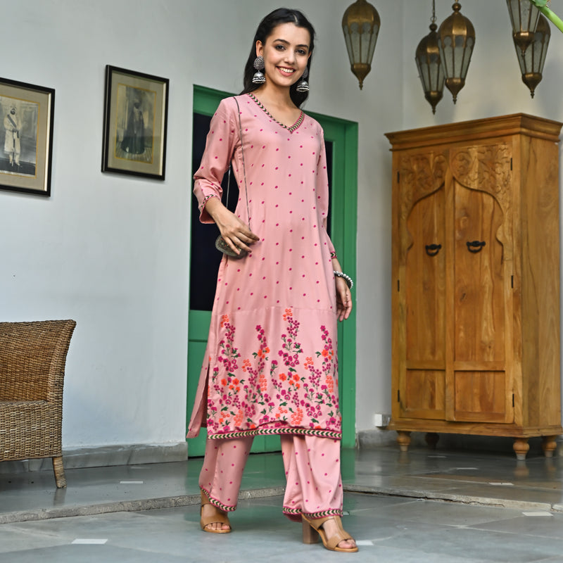 Pink V Neck Polka Kurta Pant Set