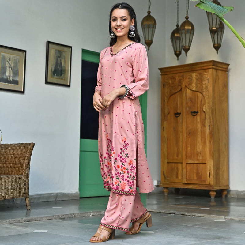 Pink V Neck Polka Kurta Pant Set