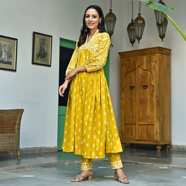 Yellow Floral Jaal V Neck Kurta Pant Set