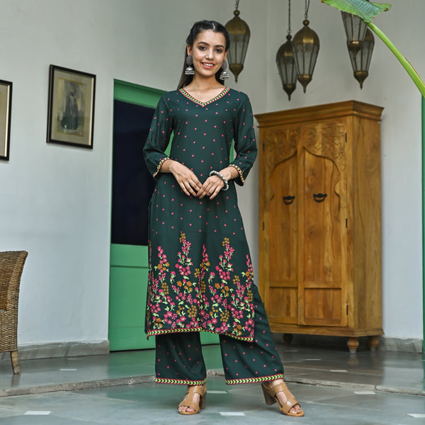 Emerald Green V Neck Polka Kurta Pant Set