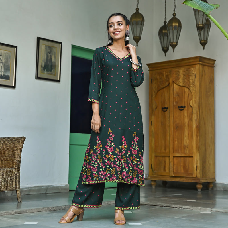 Emerald Green V Neck Polka Kurta Pant Set