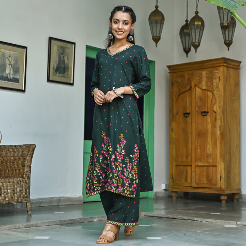 Emerald Green V Neck Polka Kurta Pant Set