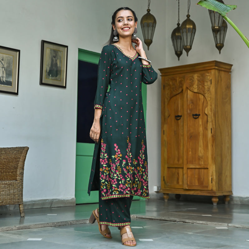 Emerald Green V Neck Polka Kurta Pant Set