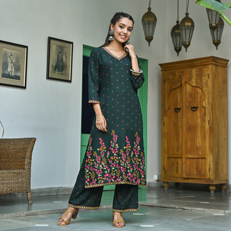 Emerald Green V Neck Polka Kurta Pant Set