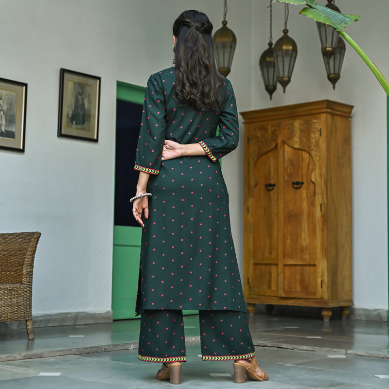 Emerald Green V Neck Polka Kurta Pant Set