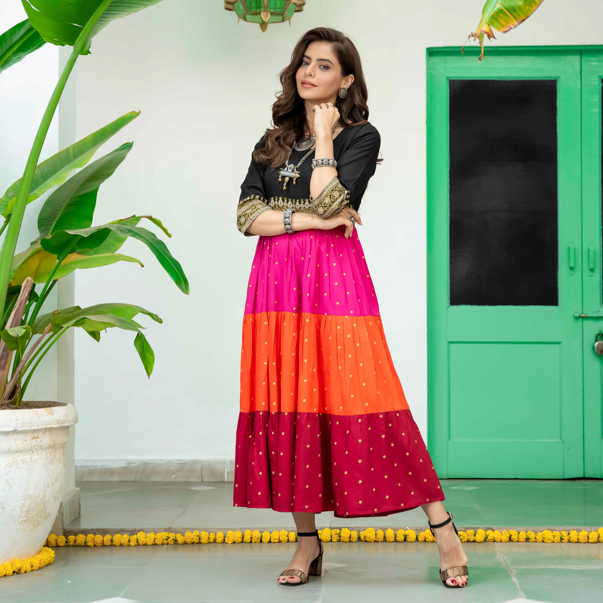 Black Multicoloured Tiered Dress with Polka Prints & Gota Details