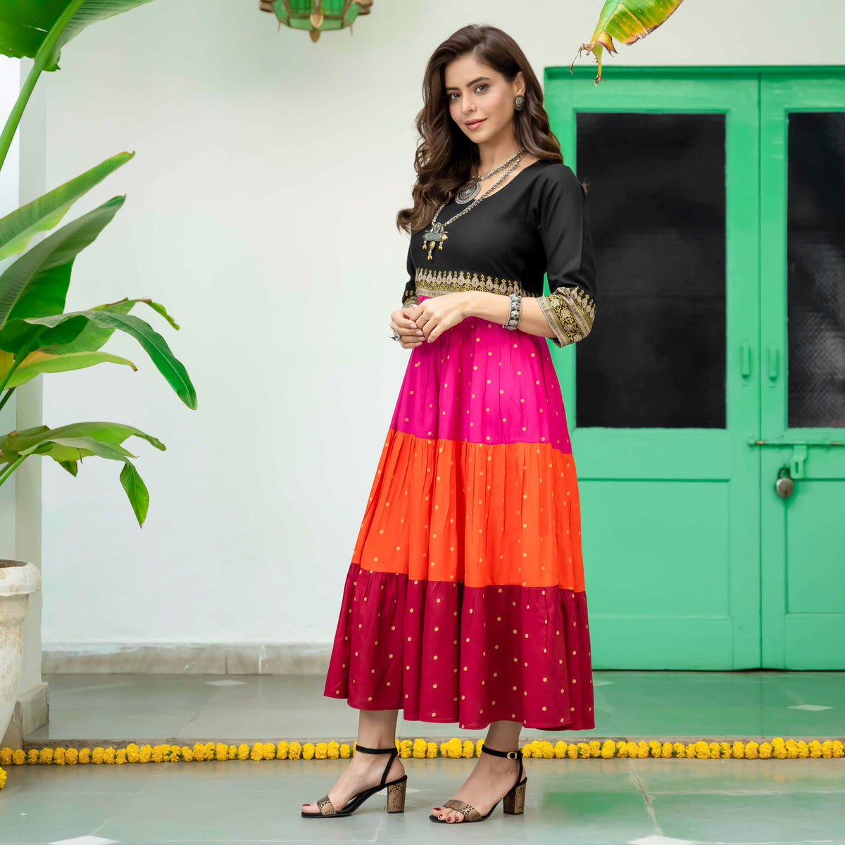 Black Multicoloured Tiered Dress with Polka Prints & Gota Details