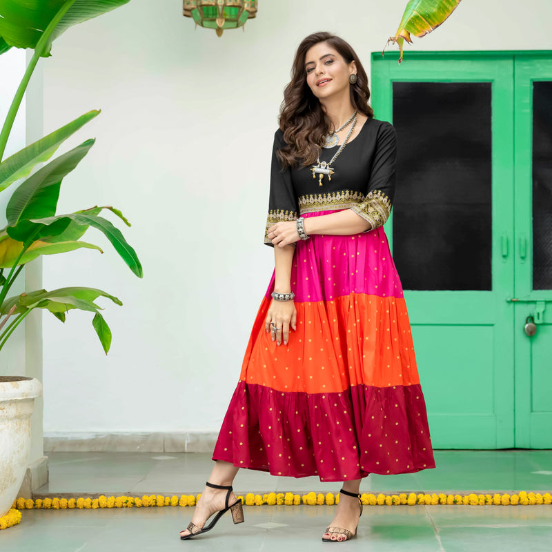Black Multicoloured Tiered Dress with Polka Prints Gota Details
