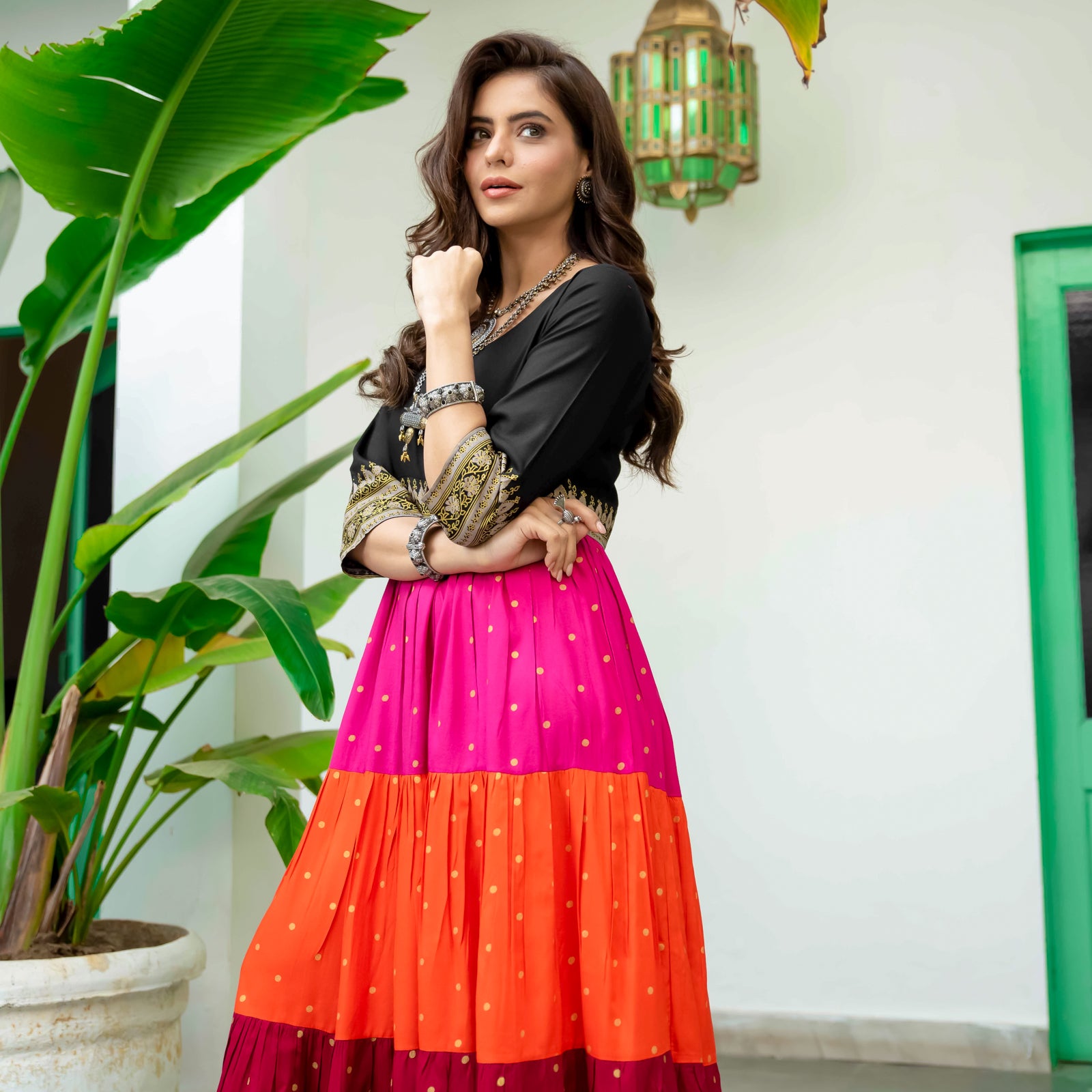 Black Multicoloured Tiered Dress with Polka Prints & Gota Details