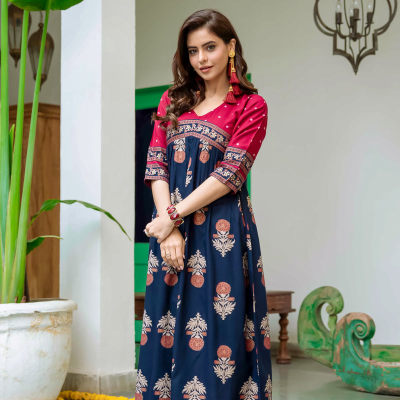 Blue & Maroon V Neck Alia Cut Dress with Gold Buta & Polka Prints
