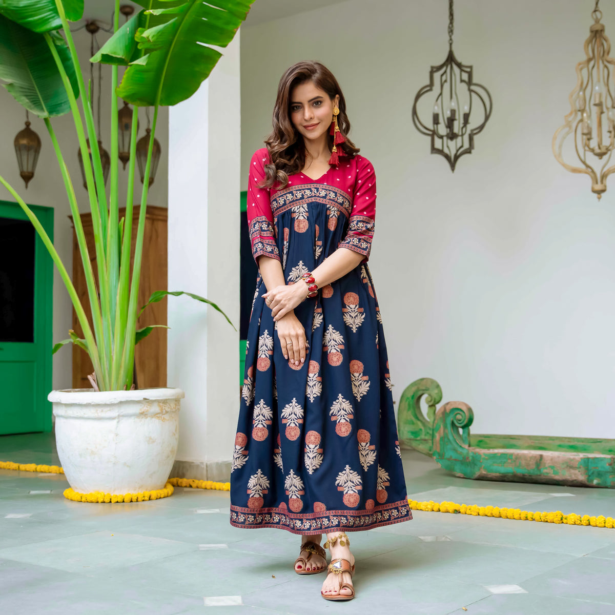 Blue & Maroon V Neck Alia Cut Dress with Gold Buta & Polka Prints