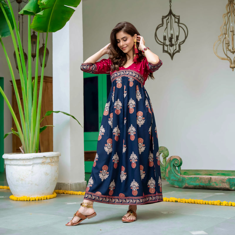 Blue & Maroon V Neck Alia Cut Dress with Gold Buta & Polka Prints