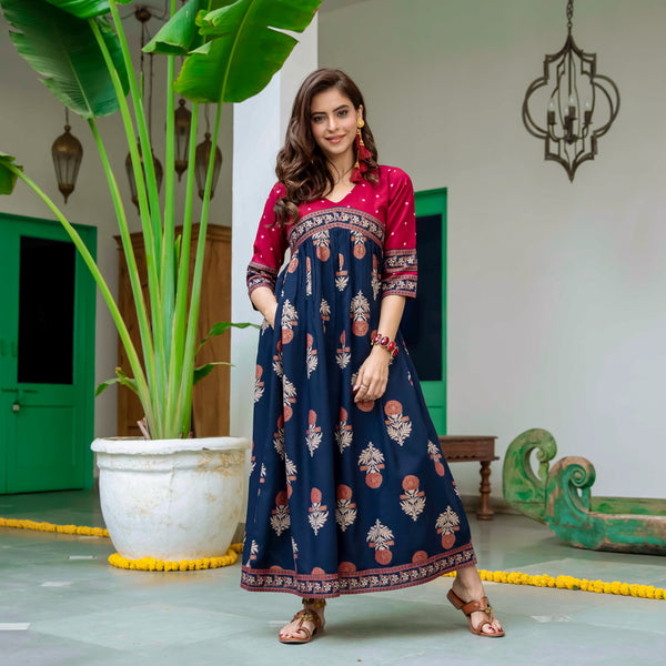 Blue & Maroon V Neck Alia Cut Dress with Gold Buta & Polka Prints
