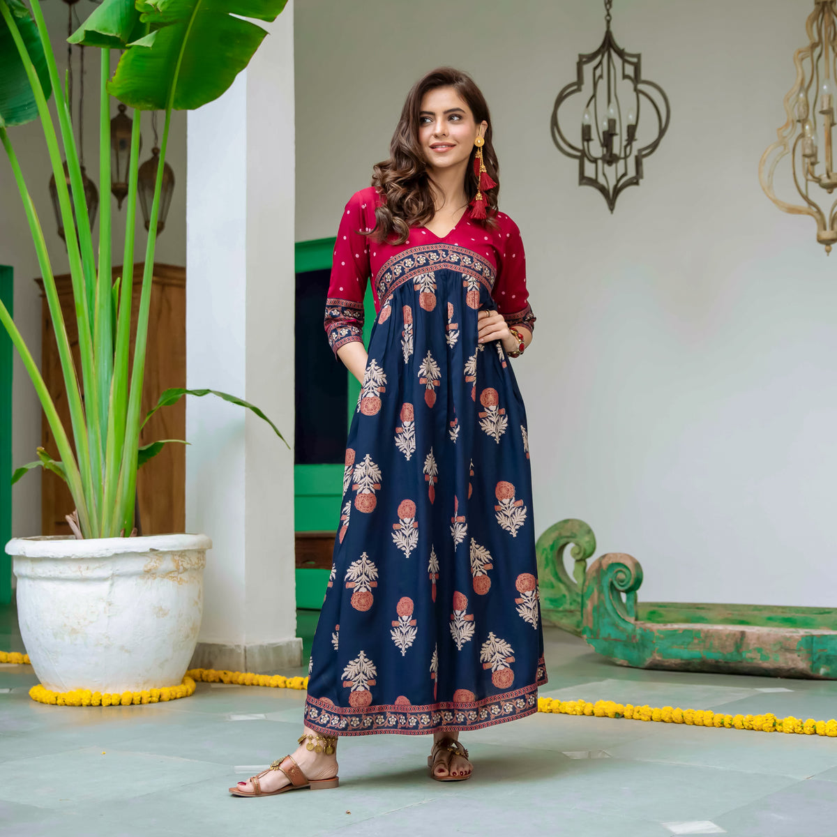 Blue & Maroon V Neck Alia Cut Dress with Gold Buta & Polka Prints