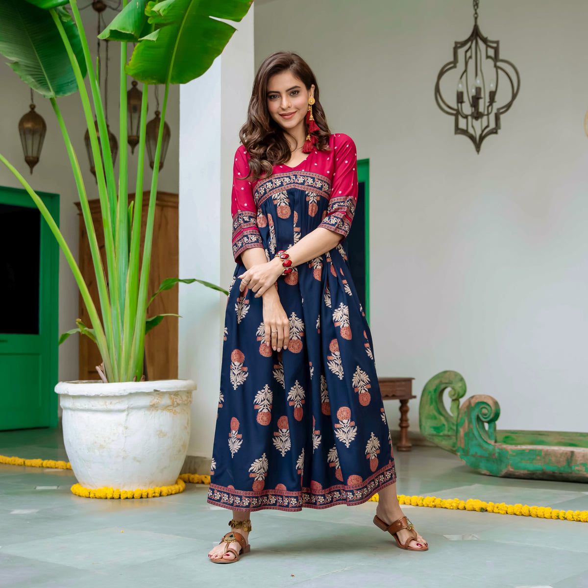 Blue & Maroon V Neck Alia Cut Dress with Gold Buta & Polka Prints