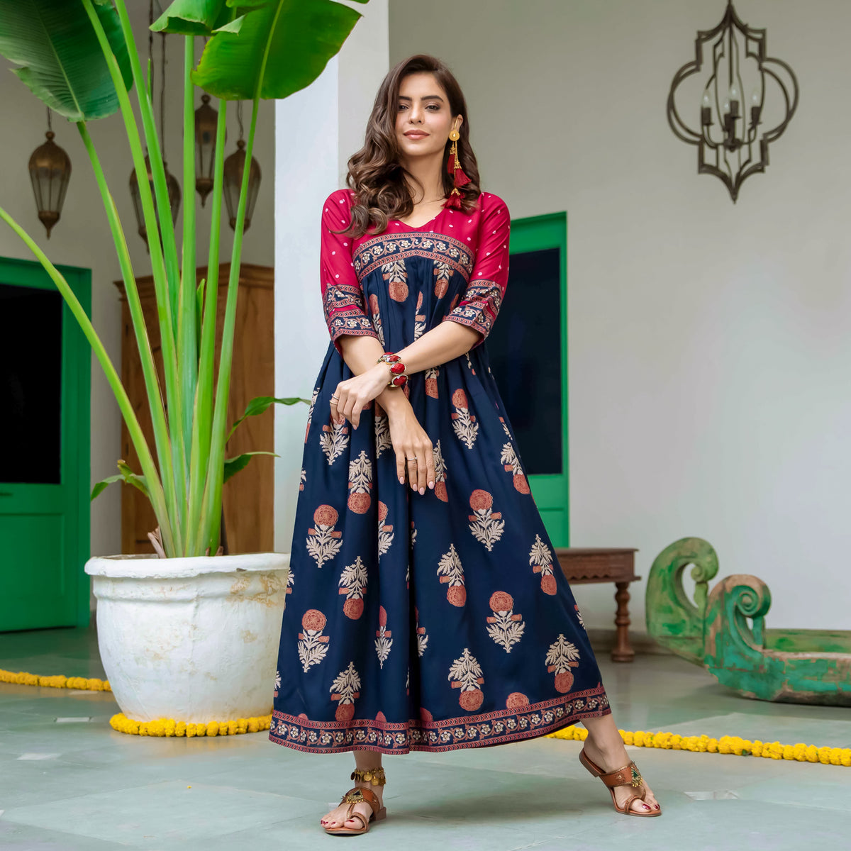 Blue & Maroon V Neck Alia Cut Dress with Gold Buta & Polka Prints