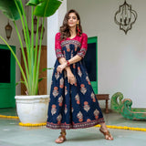 Blue & Maroon V Neck Alia Cut Dress with Gold Buta & Polka Prints