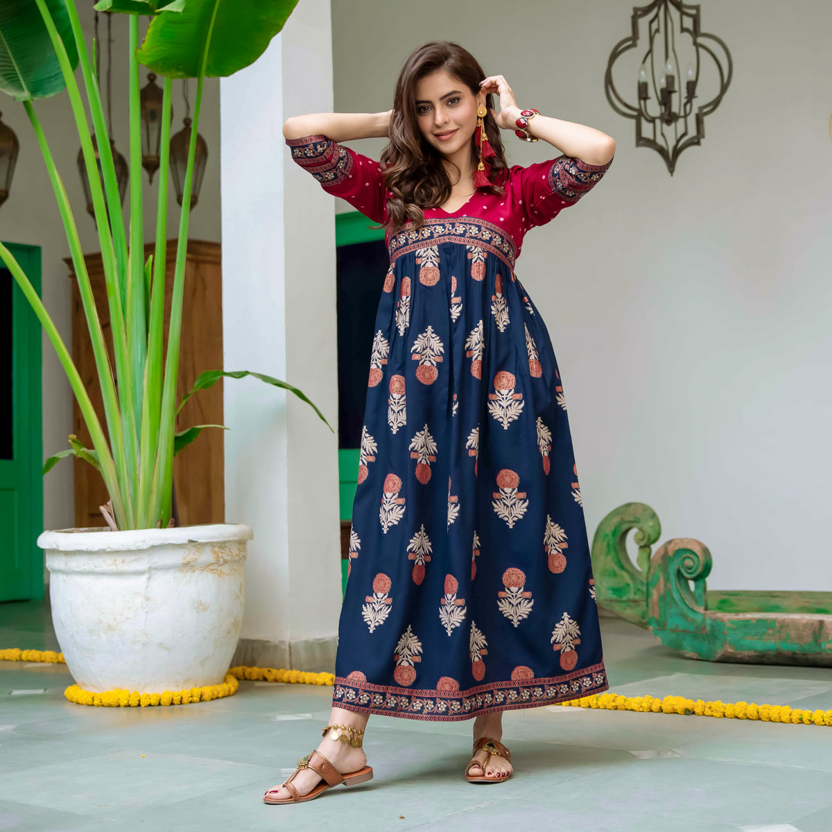 Blue & Maroon V Neck Alia Cut Dress with Gold Buta & Polka Prints