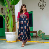 Blue & Maroon V Neck Alia Cut Dress with Gold Buta & Polka Prints