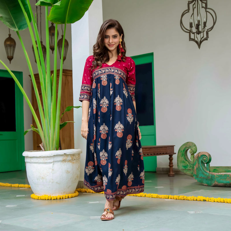 Blue & Maroon V Neck Alia Cut Dress with Gold Buta & Polka Prints