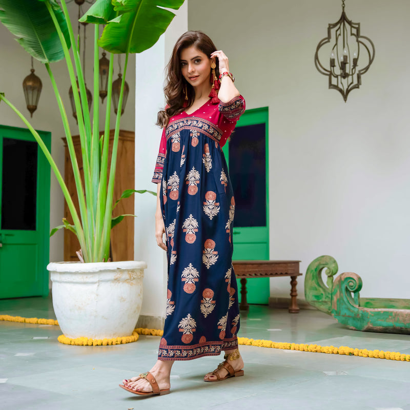 Blue & Maroon V Neck Alia Cut Dress with Gold Buta & Polka Prints
