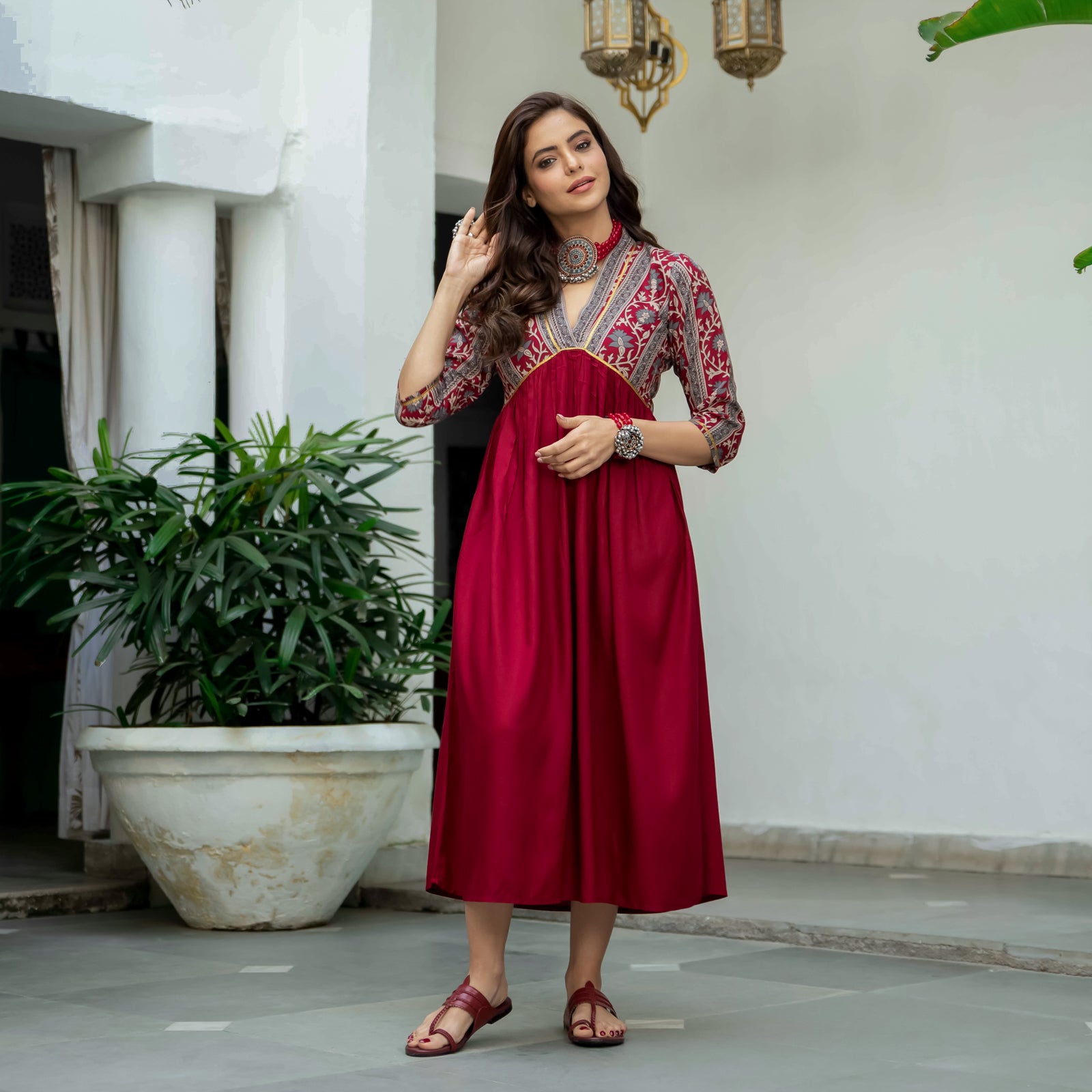 Buy Maroon V Neck Alia Cut Dress Buy Maroon V Neck Alia Cut Dress