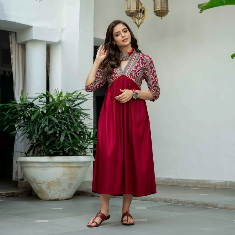 Maroon V Neck Gathered Dress Rustorange