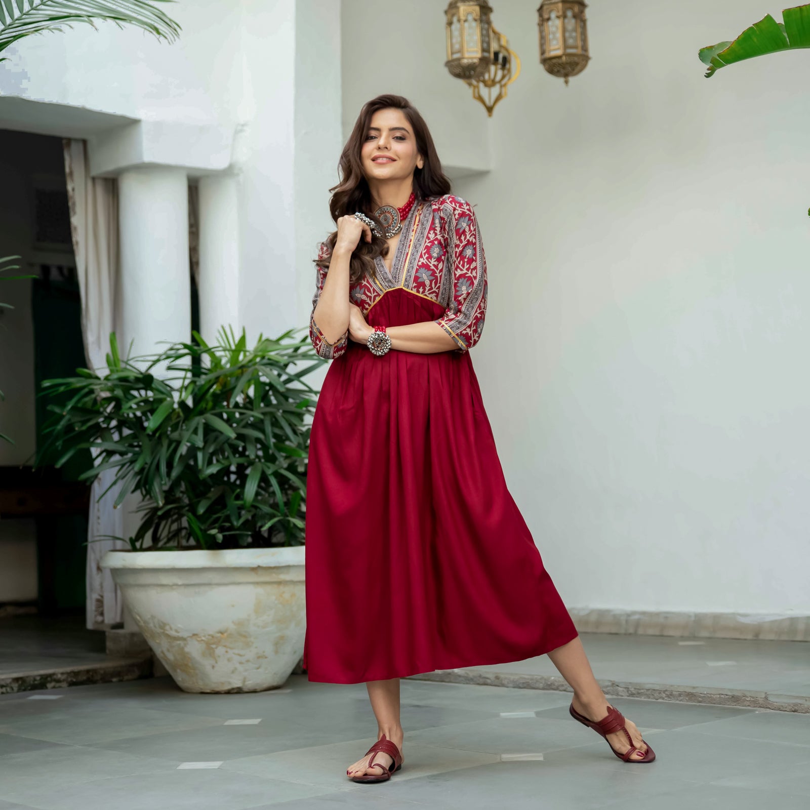 Maroon Printed Full-Sleeves Alia-Cut Cotton Top main image 0