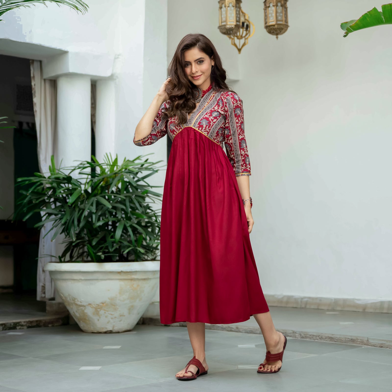Buy Maroon V Neck Alia Cut Dress