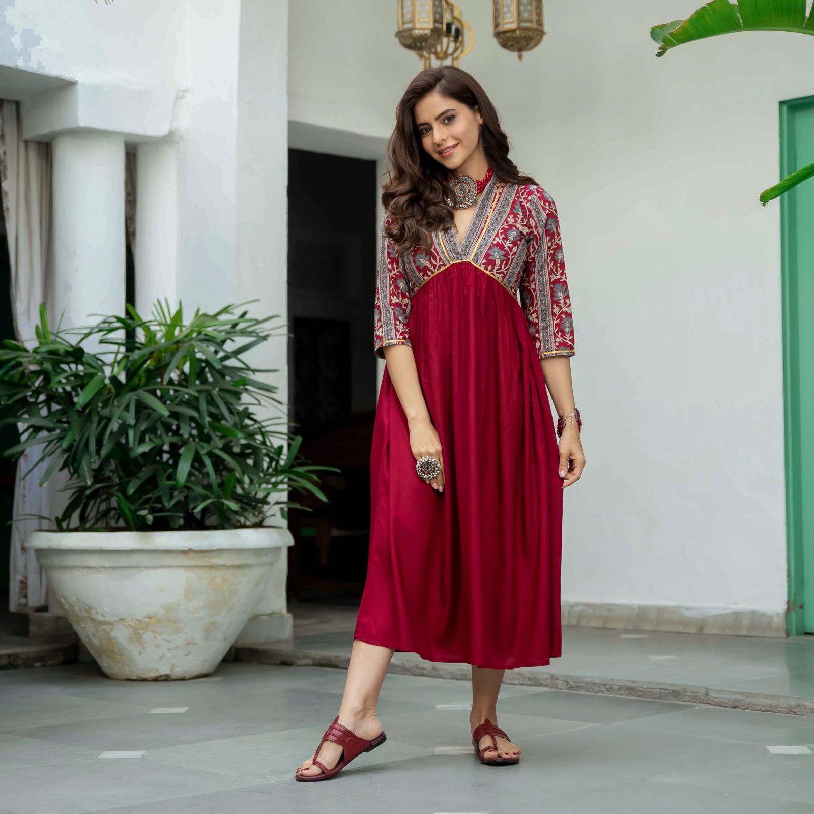 Maroon Printed Full-Sleeves Alia-Cut Cotton Top main image 1