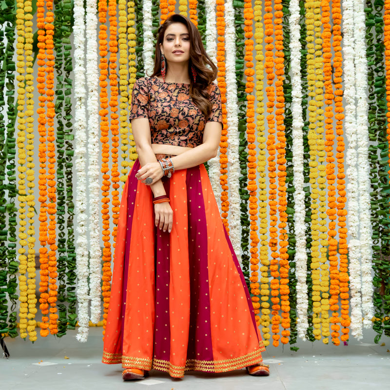 Maroon & Rust Polka & Jaal Festive Lehenga Crop Top Set