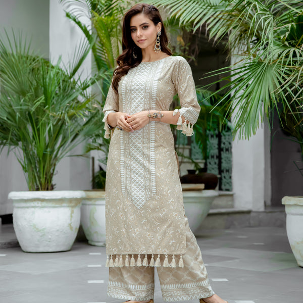 Beige Kurta Palazzo Set with Tassel Details